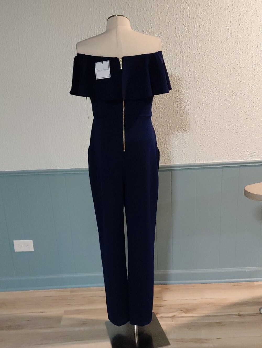 Off-Shoulder Navy Ruffle Jumpsuit - Picture 3 of 4